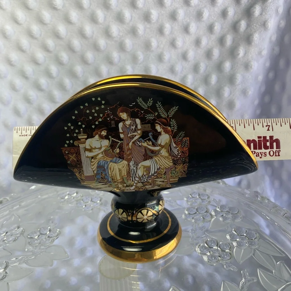 Vintage Handmade Greek Fakiolas Ceramic Napkin Holder with 24K Gold Accents